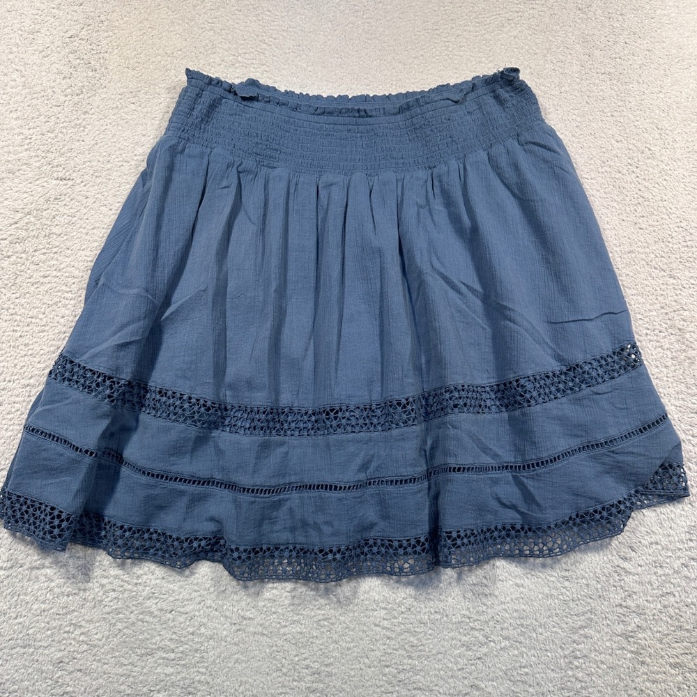Old Navy Blue Skirt Women Medium Smocked Waist Crochet Trim Casual Summer Cotton
